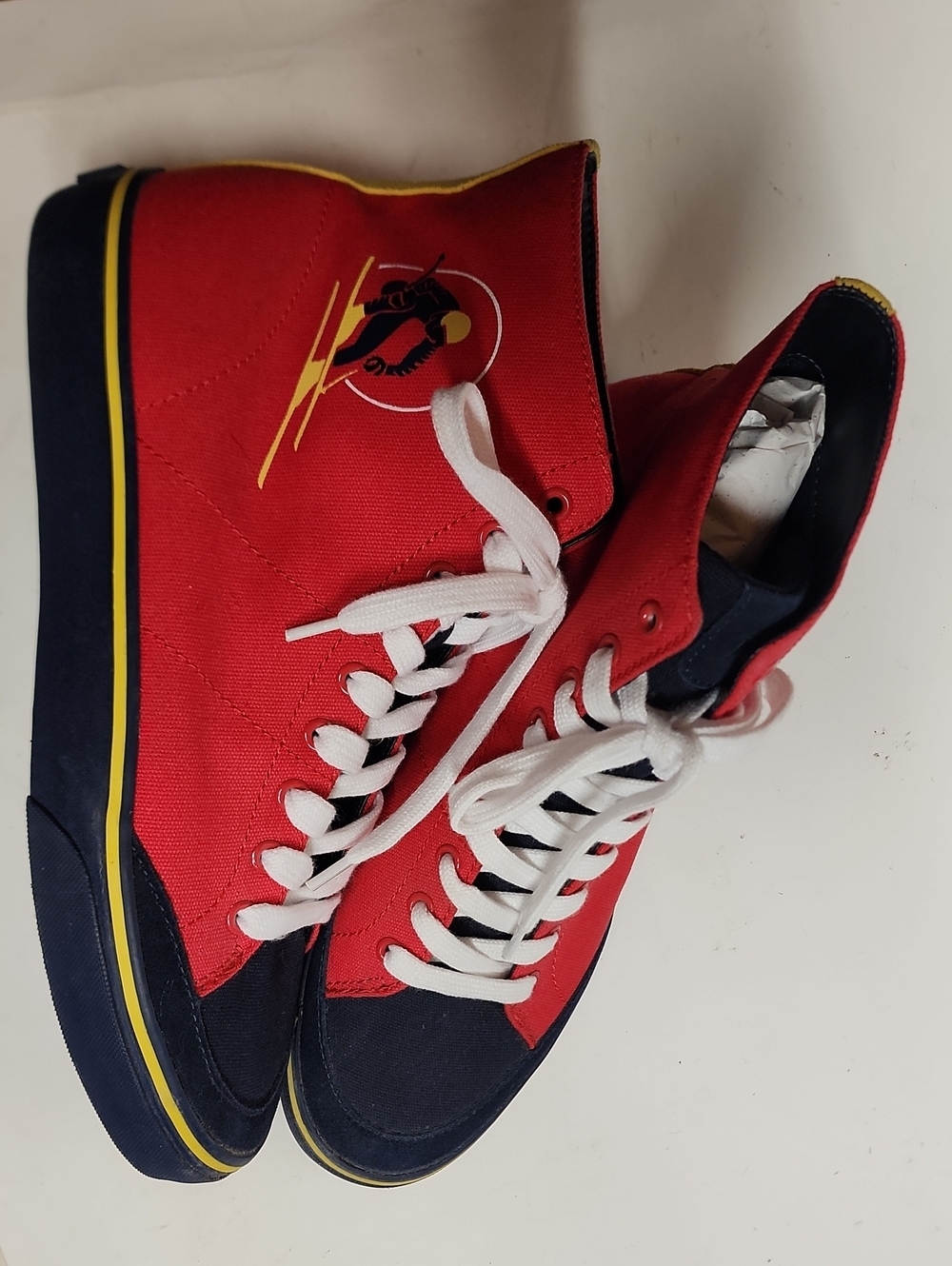 Polo by Ralph Lauren Red Solomon Sz 10.5 High-Top Sneakers with Navy Yellow Trim